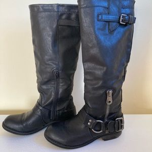 Vegan tall black boots with motorcycle buckle details 6.5